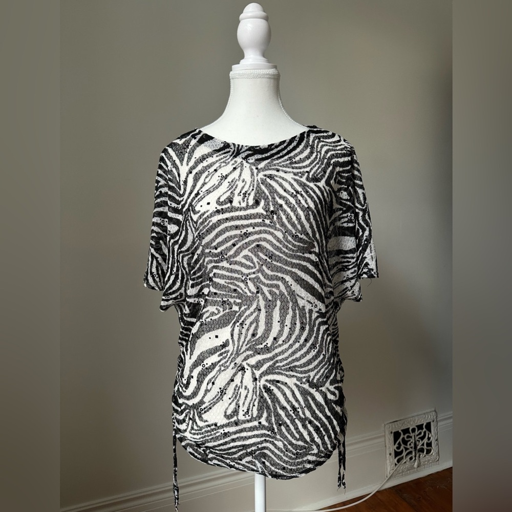 PICADILLY FASHION Y2K Festival Animal Print Sequins Sheer Cinched Top‎ Size M